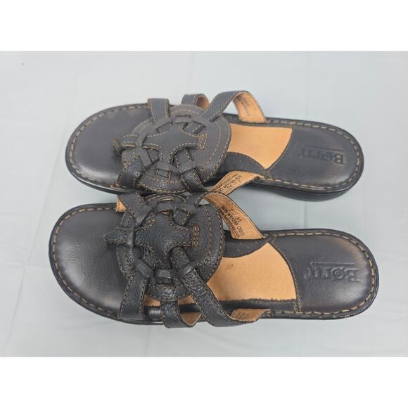 Born Women's Sandal Size 7 Black Leather Thong Slide Woven Mendala Flip Flop - Picture 10 of 11